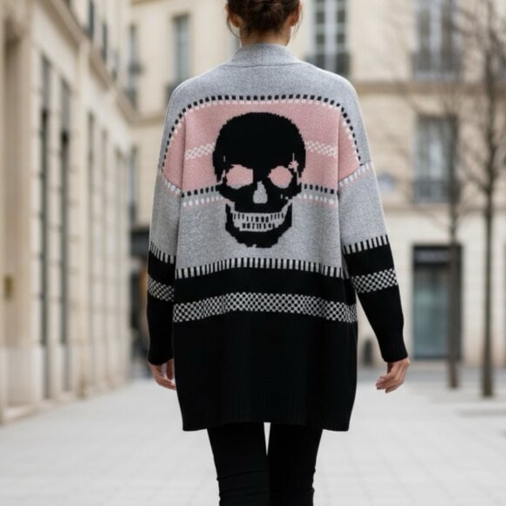 Vivienne Skull Cashmere by 360 Cashmere Open Cardigan Sweater Pink Grey XS